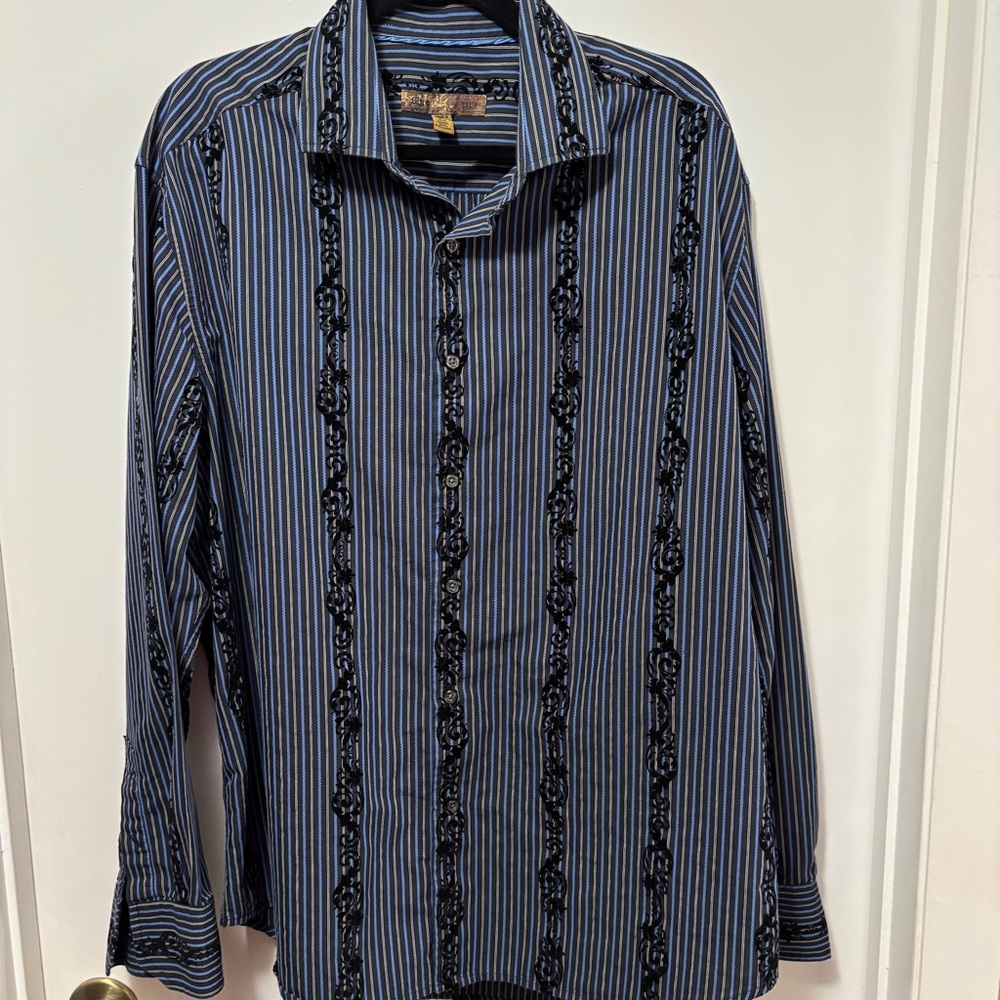 Pronto Uomo Blue 100% cotton Long Sleeve Button-Up Navy embroidery Scroll XXL